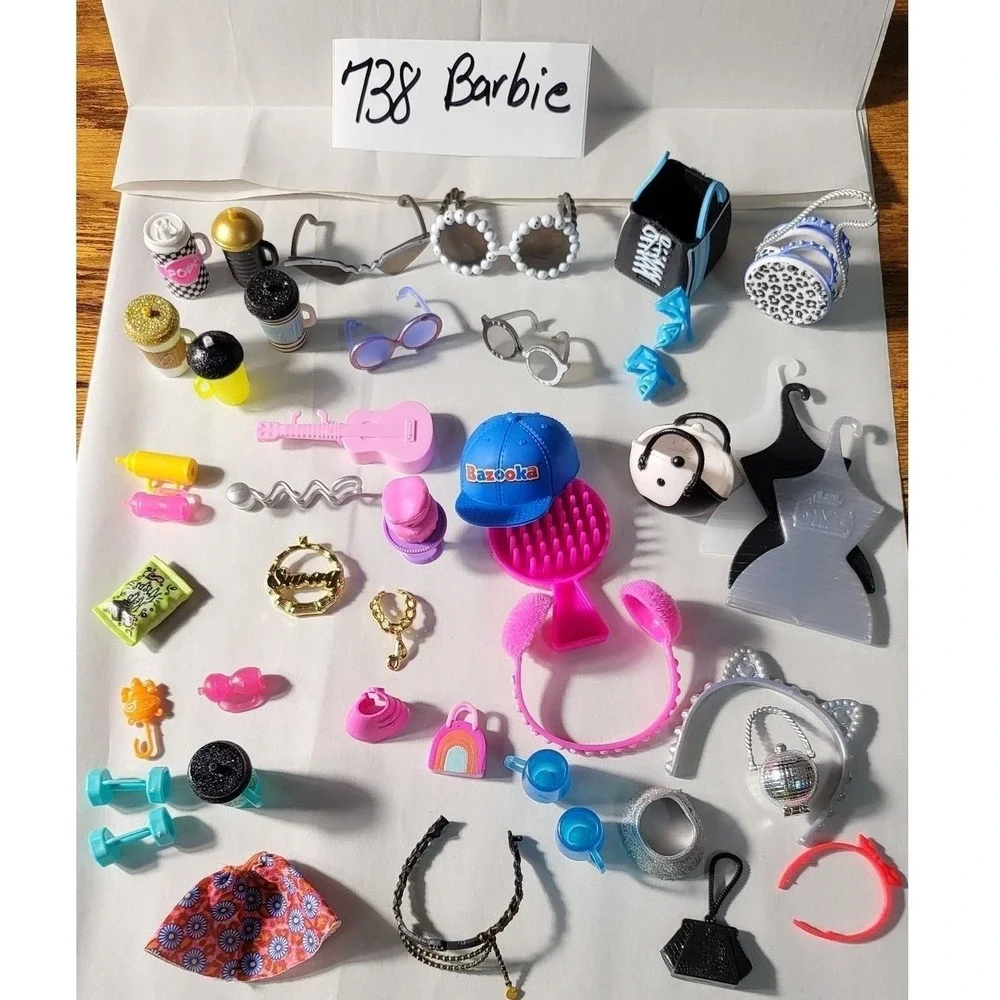 43 Barbie Accessories Lot: Purse Headband Necklace Toy Food Drink Shoes